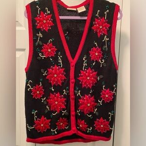 Vintage Christmas Bobbie Brooks Sweater Vest- Large 
Black w/red poinsettias